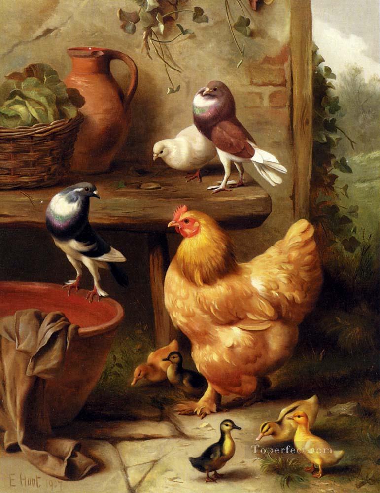 鶏の鳩 ハトとアヒルの子 家畜 エドガー・ハント油絵